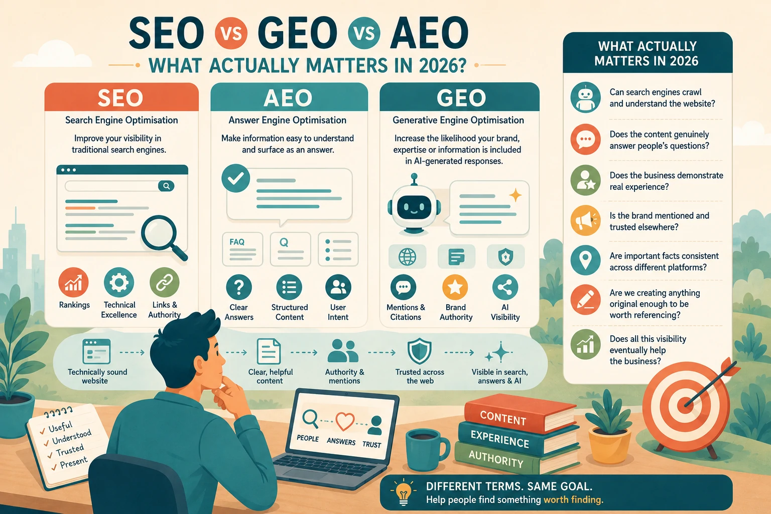 SEO vs GEO vs AEO What Actually Matters in 2026